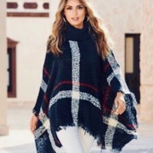 Navy knit turtleneck nubby weave plaid poncho NEW
